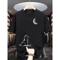 ราคา เสื้อยืดพิมพ์ลายแมวมองพระจันทร์สำหรับผู้ชาย ลายแมวและพระจันทร์ สไตล์ทันสมัย คอกลม ทรงปกติ (46158571921)