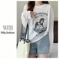 ราคา Milyfashion American Retro Unicorn เสื้อยืดแขนยาวลายยูนิคอร์น แบบโปร่งและหลวม สไตล์ Y2K (41030173846)