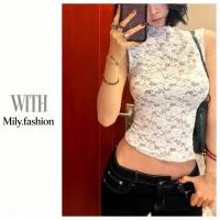 ราคา เสื้อยืด Milyfashion Y2K ลูกไม้แขนกุดครึ่ง คอสูง สีขาว พอดีตัว สำหรับสาวร้อน (27144485501)