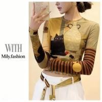 ราคา Milyfashion สาวร้อนมุมมองการ์ตูนแมวพิมพ์ Tie Dye Slim fit Slimmer ดูผ้าโปร่งแขนยาว T ฤดูร้อนหลวมบางด้านบน 6AUI (46007952044)