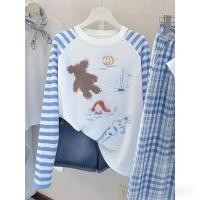 ราคา Milyfashion สีขาวสีฟ้าลายการ์ตูนพิมพ์ Raglan เสื้อยืดแขนยาวเกาหลีขี้เกียจบางครีมกันแดดสไตล์ใหม่ Y520 (57959915969)