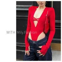 ราคา มิลย์แฟชั่น Y2K Jumpsuit สีแดงแขนยาว seksi กระชับร่างกาย (51358047323)
