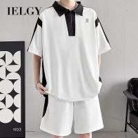 ราคา IELGY ชุดสูทผู้ชายฤดูร้อนสีดําและสีขาวคมชัดซิปเสื้อโปโลกางเกงขาสั้นชุดสองชิ้น (24582664366)