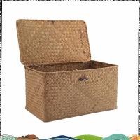 ราคา Super Handmade ฟางทอตะกร้าเก็บพร้อมฝาปิดแต่งหน้ากล่องเก็บ Seagrass ตะกร้าซักผ้าหวายกล่องเครื่องประดับ M (55459385516)
