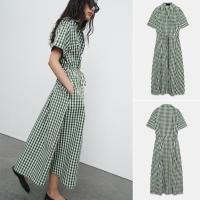 ราคา ZARA ฤดูใบไม้ผลิผลิตภัณฑ์ใหม่เสื้อผ้าผู้หญิง Bow Lace Up Lapel คอวีแขนสั้นชุดตรวจสอบขนาดเล็ก 2507041 (56856667890)