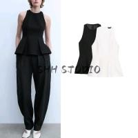 ราคา ZARA ฤดูร้อนผู้หญิงสไตล์เรียบง่ายจีบสลิมฟิตเสื้อกั๊กแขนกุดสีดําด้านบน 2707199 (43401256887)