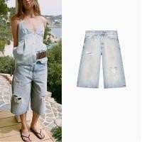 ราคา ZARA2025 ฤดูร้อนผลิตภัณฑ์ใหม่ผู้หญิง All Match Slimmer ดู Ripped ตกแต่งกลางเอว Denim กางเกงขาสั้น 6045001 406 (26037371054)