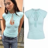 ราคา YUUKII Hollow Out Crop Top Lace Up Drawstring Keyhole Cutout Top Y2K Style Slim Fit Short Sleeve Tie Front Top Summer Wear (45560782982)