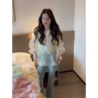 ราคา สไตล์เกาหลีผู้หญิงสุภาพสตรีหลวมชีฟองลูกไม้เย็บปักถักร้อยเสื้อแขนยาวเสื้อ (44811941934)