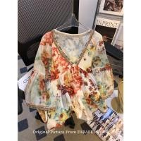ราคา สไตล์เกาหลีผู้หญิงสุภาพสตรีหลวมดอกไม้ชีฟองคอวีเสื้อแขนยาวเสื้อ (42701693165)