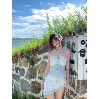 ราคา ชุดว่ายน้ำบิกินี่ halter top และกระโปรงกางเกงจากผ้าลูกไม้สีขาว เสื้อสีฟ้าอ่อน สำหรับผู้หญิง เหมาะสำหรับพักร้อนบนชายหาดในฤดูร้อน (57107527588)