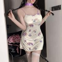 ราคา sexy pajamas ส่งไวจากไทย ชุดนอนผ้าไหม ชุดเดรสกระโปรง ลายแมวสีม่วง ดีไซน์ช่วงเอว เนื้อผ้ายืด (28567465145)