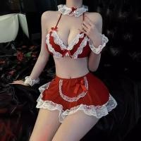 ราคา sexy pajamas ชุดคอสเพลย์ ชุดเมดแม่บ้าน สีแดง เชือกแขวนคอ เปลือย ตกแต่งลูกไม้ ใส่สบาย พร้อมส่งจากไทย (28165869641)