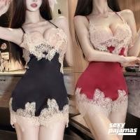 ราคา sexy pajamas sexy ชุดนอนซาติน ชุดนอนเดรส ใส่สบาย เซ็กซี่ ชุดนอน คอวี สายเดี่ยว งานปักลูกไม้ ส่งไวจากไทย (44803181558)