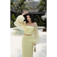 ราคา ชุดเวียดนามพร้อมส่งจากไทย เดรสยาวสีเหลือง เดรสเซ็ท (40712486759)