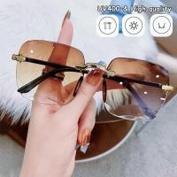 ราคา Square Frameless Retro แว่นตากันแดด Vintage UV400 เลนส์ไล่ระดับสีแบรนด์หรูบุคลิกภาพแว่นตาผู้หญิง (54711901050)