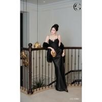 ราคา แม็กซี่เดรสผ้าไหมรัดตัวทรงหางปลายาว ถ้วยเอวเดรป (57408434975)