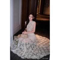 ราคา เดรสผ้าลูกไม้ซีทรูคอปีนแขนกุด (48711639328)