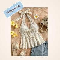 ราคา เสื้อกล้ามผ้าถักแบบหัวเชือก ผูกเข้ารูปคอวี (53350261372)