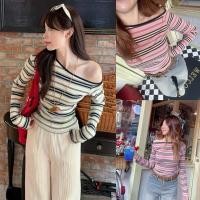 ราคา พร้อมส่ง เสื้อปาดไหล่ลายทางแขนยาว น753 (29880167534)