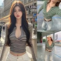 ราคา พร้อมส่ง เสื้อยืดลายทาง ผ่าอก แขนยาว น754 (24742867841)