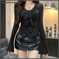 ราคา เสื้อสเวตเตอร์ถักเข้ารูปแขนยาวแต่งระบายคอวีเซ็กซี่สำหรับผู้หญิงเสื้อครอปของผู้หญิง (54109228526)