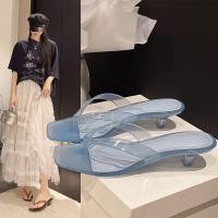 ราคา 2026 เกาหลี Flip Flops Jelly รองเท้าแตะหญิงส้นแมวคริสตัล Flip Flops Flip Flops สวมใส่ด้านนอกโปร่งใส High He (56362108013)