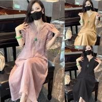 ราคา ชุดเดรสคอวีปักลายผ้าฝ้ายลินินสไตล์จีนแบบใหม่สําหรับผู้หญิงทรงหลวมใส่แล้วดูผอมชุดเดรสยาวเรียบหรูชุดเดรสแขนสั้น (40423688419)