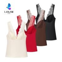 ราคา LAKAM เสื้อกล้ามผู้หญิง สายเดี่ยวลูกไม้คอวีผ้าซาติน เสื้อแขนกุดฤดูร้อนสไตล์ฝรั่งเศสย้อนยุคสีทึบสําหรับผู้หญิง (52311853021)