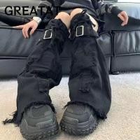 ราคา GREAT เครื่องอุ่นขา ผ้าคลุมขายีนส์สีดํา Punk Vintage สายรัดสายรัดถุงเท้าบูต Harajuku Y2k (54812396810)