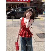ราคา Little Cute Wear Retro Red Camisole ผู้หญิงฤดูร้อน Polka Dot Slim fit แฟชั่นภาษาฝรั่งเศสคํา High End Top (46012826583)