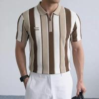 ราคา เสื้อผ้าผู้ชาย เสื้อโปโลชาย โปโลชาย เสื้อโปโล polo shirt แขนสั้น คอปก ลายทาง มีซิป ทรงพอดีตัว (49262644904)