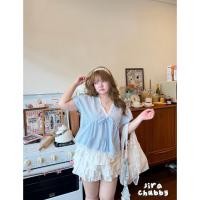 ราคา พร้อมส่งCute mak mak เสื้อคอวีลายสก็อต แต่งลูกไม้ฉลุทั้งตัว ละนุนมาก อก 38 50 (42280496520)