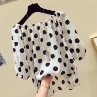 ราคา เสื้อชีฟองแขนสั้นสไตล์เกาหลี ไซส์ใหญ่หลวม ลายจุดไหล่เดียวสำหรับฤดูร้อน (56254340607)