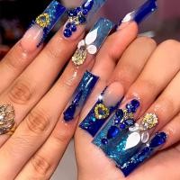 ราคา 24 ชิ้นสีฟ้ายาวโลงศพเล็บปลอมหัวใจดาวกับ Rhinestones การออกแบบฝรั่งเศสสวมใส่เล็บปลอม Glitter กดบนเล็บเคล็ดลับ Art (24031545031)