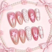 ราคา 30ชิ้นอัลมอนด์กดบนเล็บสไตล์เกาหลีสีชมพูไล่โทนสีแก้วลูกปัดแมวตาเล็บปลอมของเหลวเงินหรูหราเต็มปกเล็บปลอม AYDQ (42631954232)