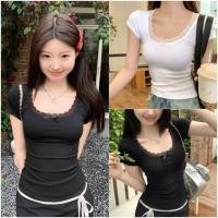 ราคา เสื้อยืดแขนสั้น เสื้อยืดลูกไม้ คอกลมดีไซน์ลูกไม้สีขาว สำหรับผู้หญิง เสื้อเข้ารูปสไตล์แฟชั่น (29434724698)
