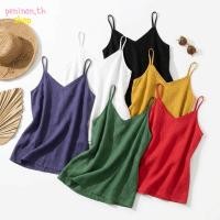 ราคา PENINON เสื้อสายสปาเก็ตตี้ เสื้อกล้ามแขนกุดผ้าฝ้ายผ้าลินินทรงหลวม แขนกุดระบายอากาศคอวี Camis Top ใส่ฤดูร้อน (50813886012)