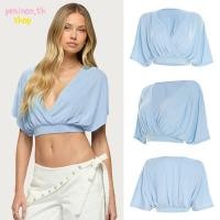 ราคา PENINON เสื้อครอป แขนค้างคาวสลิมฟิตเสื้อคอวี การออกแบบ Ruched สีทึบคอ V ลึก Patchwork Top ชุดลําลอง (29194922616)