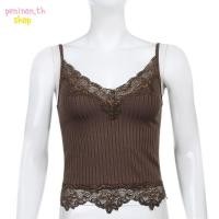 ราคา PENINON เสื้อกล้ามลูกไม้สําหรับผู้หญิง เสื้อครอปคอวี Y2Kลูกไม้ตัดแขนกุดถักเสื้อกั๊กด้านบนหญิง (48111154411)