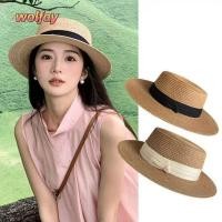 ราคา YOLANDA Boater หมวกฟาง หมวกกันแดดปีกกว้างริบบิ้นสี่เหลี่ยม หมวกฟางวันหยุดป้องกันรังสียูวี (56112417330)