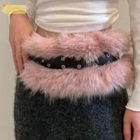 ราคา SEEO Furry เข็มขัด Y2K Rivet ตกแต่งเข็มขัดเอว ปรับหนังเนื้อ Faux Fur เข็มขัดสาว (52864000645)