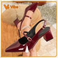 ราคา รองเท้าส้นสูง In stock Burgundy ส้นบล็อกหัวแหลม Mary Jane mules พร้อมสายรัดข้อเท้าแบบบาง ปิดนิ้วเท้าด้านหน้าและด้านหลังส้นเปิด (56212527520)