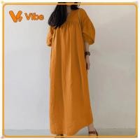 ราคา เดรสผ้าฝ้ายลินิน ในสต็อกมาใหม่สีทึบหลวมคอวีแขนพัฟชุดลําลองยาว (53761504156)