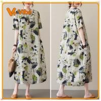 ราคา เดรสผ้าฝ้ายลินิน ในสต็อก จริง ยิง ฤดูร้อนใหม่หลวมแขนสั้น มิดิ ชุดทําจากผ้าฝ้ายลินินลายดอกไม้ วินเทจชุดหรูหราสําหรับผู้หญิงขนา (53761504153)