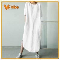 ราคา เดรสผ้าฝ้ายลินิน ในสต็อก ชุดเดรส มิดิ สีพื้นแขนสั้นคอกลมผ่าข้าง (49462042538)