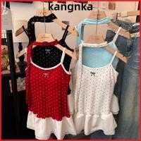 ราคา KANGNKA ฤดูร้อน Top Polka Dot Contrast Trim Camisole Vest แฟชั่นสปาเก็ตตี้สายริบบิ้น Ruffle Hem Bottoming เสื้อฤดูร้อน (41682684752)
