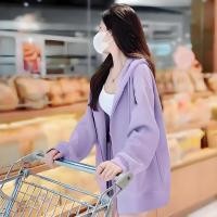 ราคา เกาหลี เสื้อกันหนาวมีฮู้ด M 2XLครีมสีม่วง คาร์ดิแกนซิปแขนยาว (27391372240)
