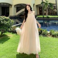 ราคา ฝรั่งเศสฤดูร้อนสไตล์ใหม่วันหยุดท่องเที่ยวสีชมพูชีฟองสลิงกระโปรงยาวผู้หญิงหลวมคอวีแขนกุดกลางความยาว ก เส้น ชุด (57563354100)
