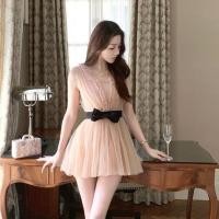 ราคา ชุดชีฟองสีชมพู สไตล์เกาหลีฤดูร้อน ทรงA Lineslimmer V neck แขนกุดโบว์ (57359296111)